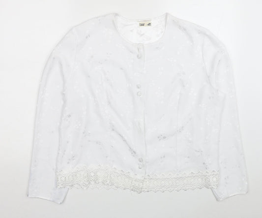 Preston Womens White Floral Polyester Basic Button-Up Size L Scoop Neck