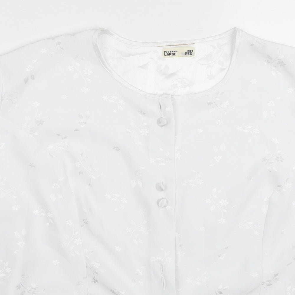 Preston Womens White Floral Polyester Basic Button-Up Size L Scoop Neck