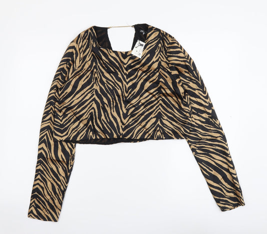 Zara Womens Black Animal Print Polyester Cropped Blouse Size M Round Neck - Tiger Print