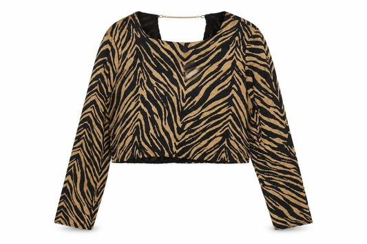 Zara Womens Black Animal Print Polyester Cropped Blouse Size M Round Neck - Tiger Print