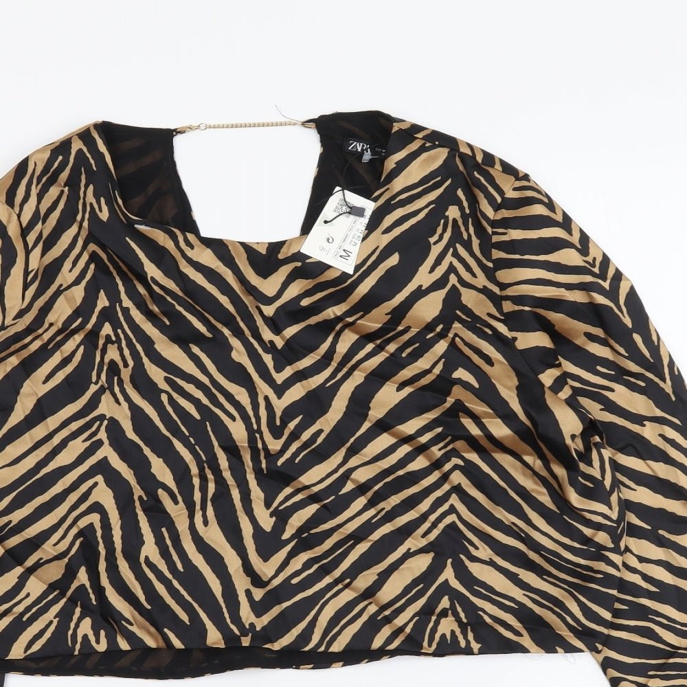 Zara Womens Black Animal Print Polyester Cropped Blouse Size M Round Neck - Tiger Print