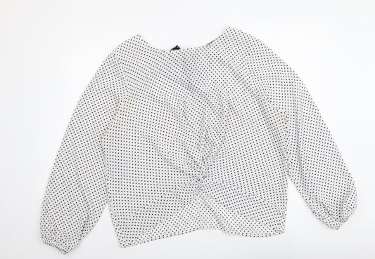 Ashua Womens White Polka Dot Polyester Basic Blouse Size L Round Neck