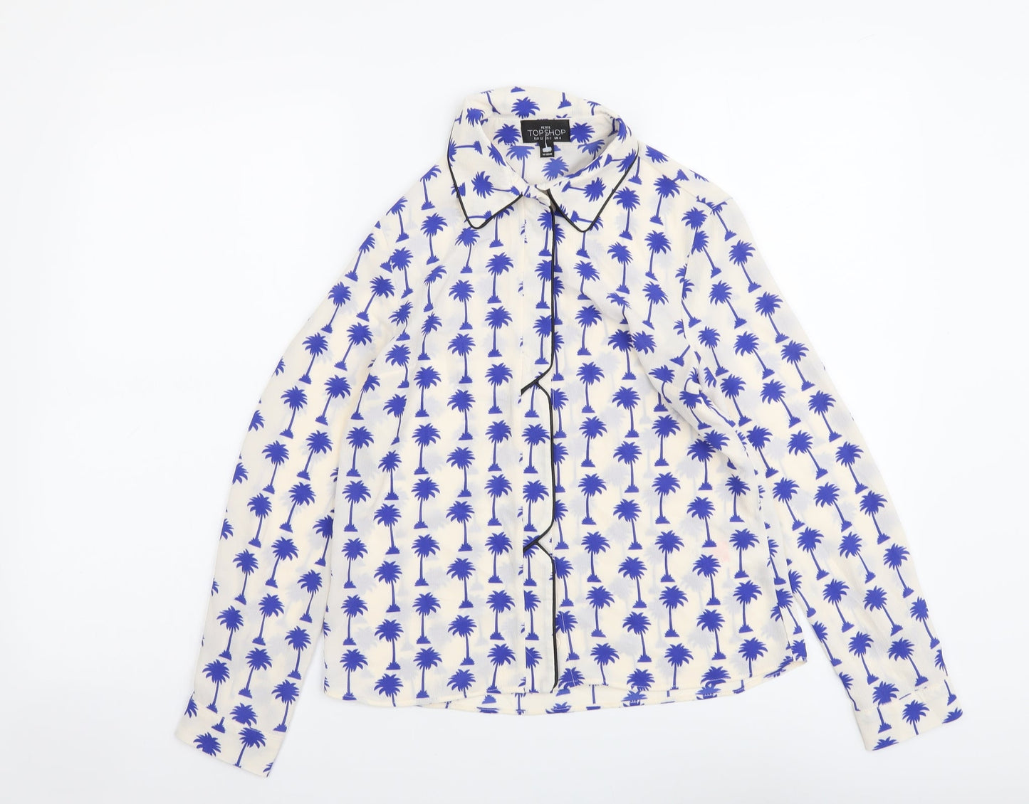 Topshop Womens White Geometric Polyester Basic Button-Up Size 4 Collared - Palm Tree Print
