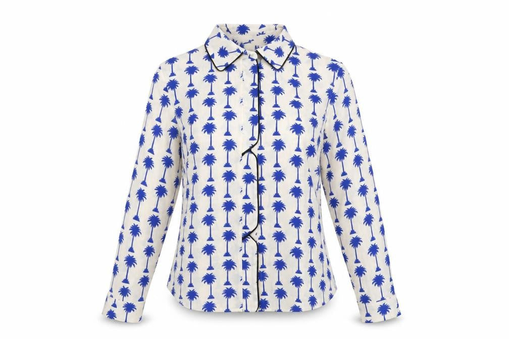 Topshop Womens White Geometric Polyester Basic Button-Up Size 4 Collared - Palm Tree Print