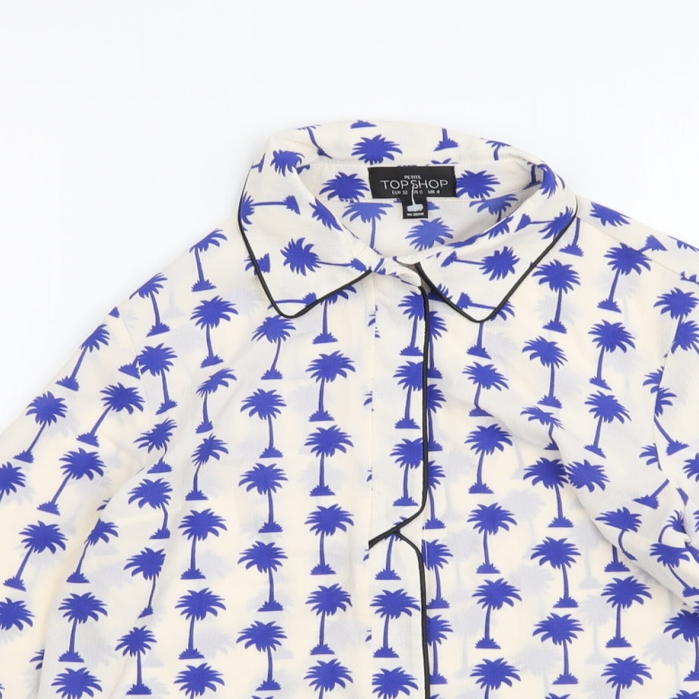Topshop Womens White Geometric Polyester Basic Button-Up Size 4 Collared - Palm Tree Print