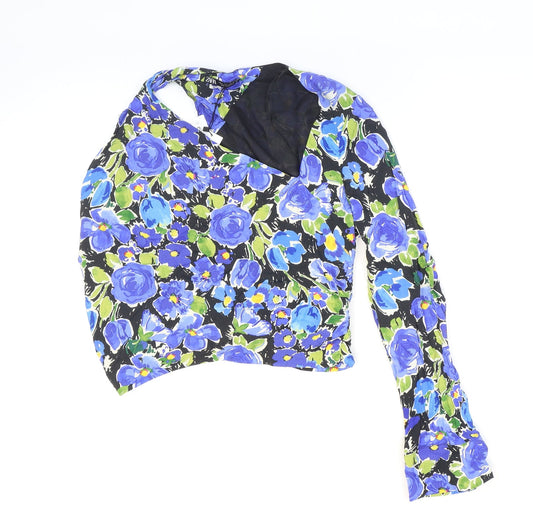 Zara Womens Multicoloured Floral Viscose Cropped Blouse Size L High Neck - Cut-out
