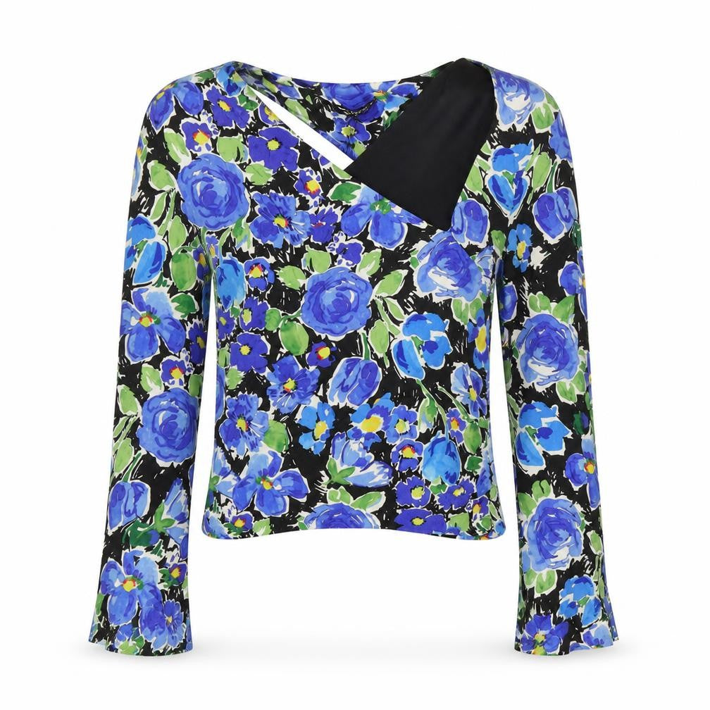 Zara Womens Multicoloured Floral Viscose Cropped Blouse Size L High Neck - Cut-out