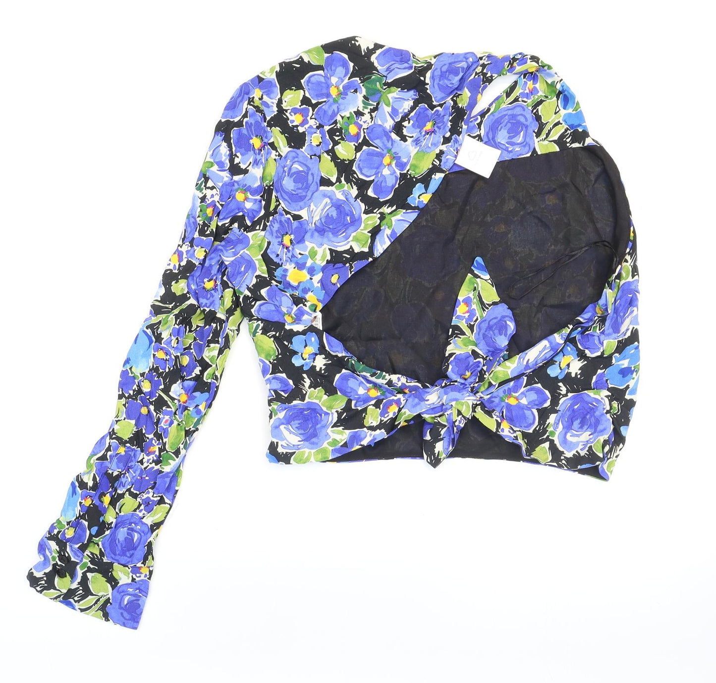 Zara Womens Multicoloured Floral Viscose Cropped Blouse Size L High Neck - Cut-out
