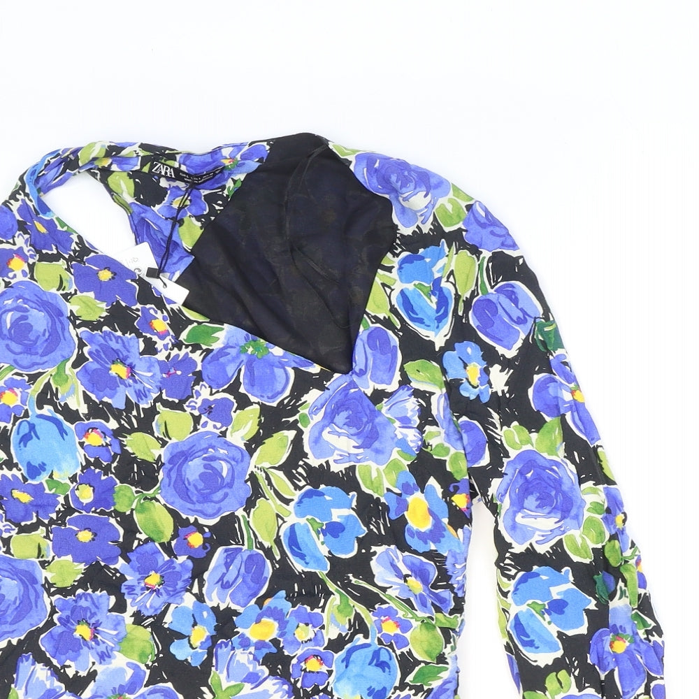 Zara Womens Multicoloured Floral Viscose Cropped Blouse Size L High Neck - Cut-out