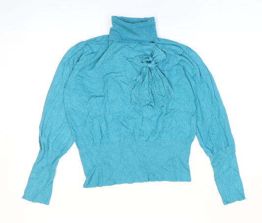 Text Womens Blue Roll Neck Viscose Pullover Jumper Size M - Ribbed