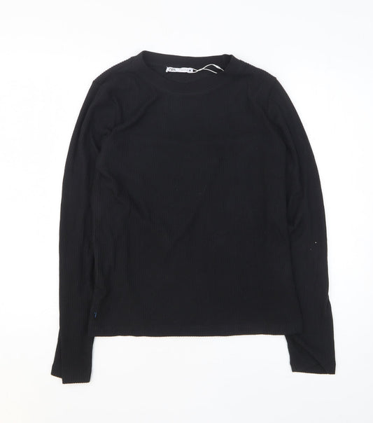 Zara Womens Black Polyester Basic T-Shirt Size S Round Neck
