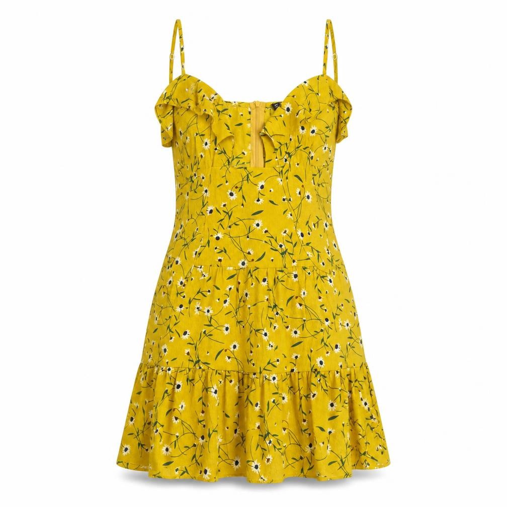 SHEIN Womens Yellow Floral Polyester Fit & Flare Size XS Off the Shoulder Zip
