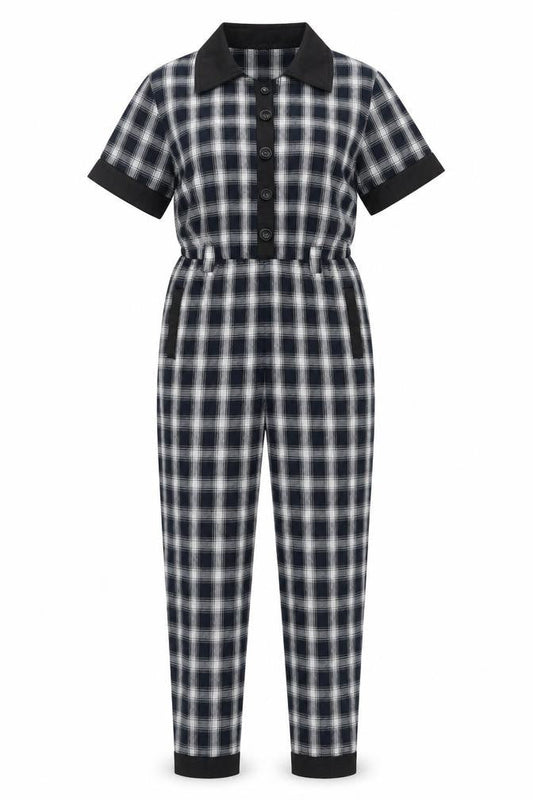 Chelsint Womens Blue Plaid 100% Cotton Jumpsuit One-Piece Size XS Button