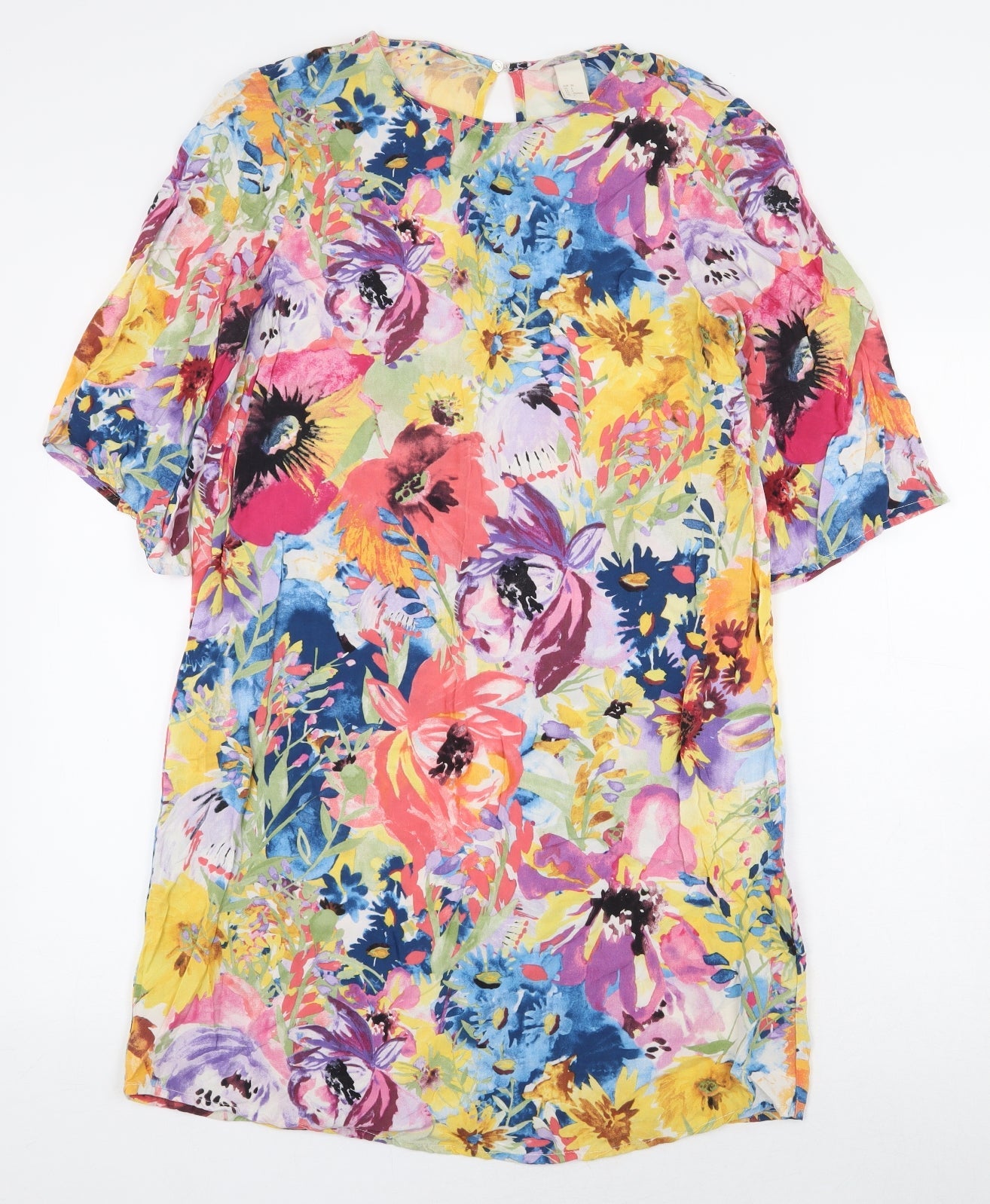H&M Womens Multicoloured Floral Viscose Sheath Size 8 Boat Neck Button
