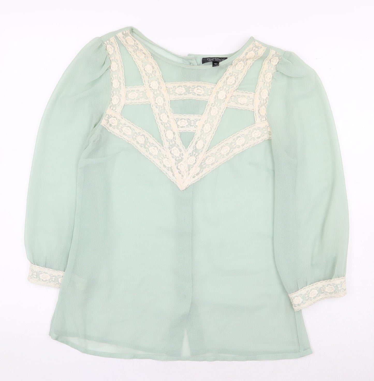 Topshop Womens Green Polyester Basic Blouse Size 6 Boat Neck - Lace Detail