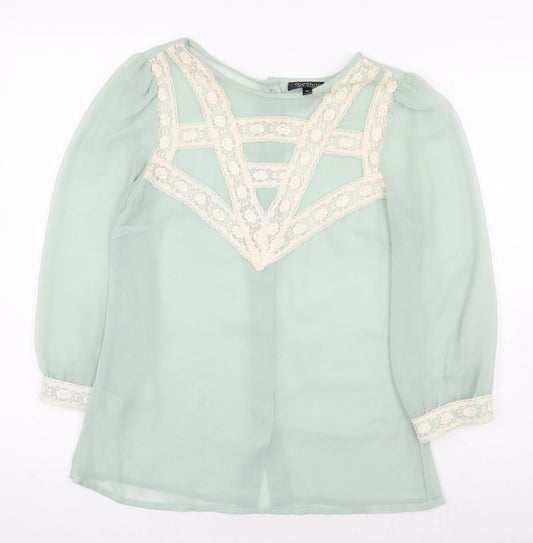 Topshop Womens Green Polyester Basic Blouse Size 6 Boat Neck - Lace Detail