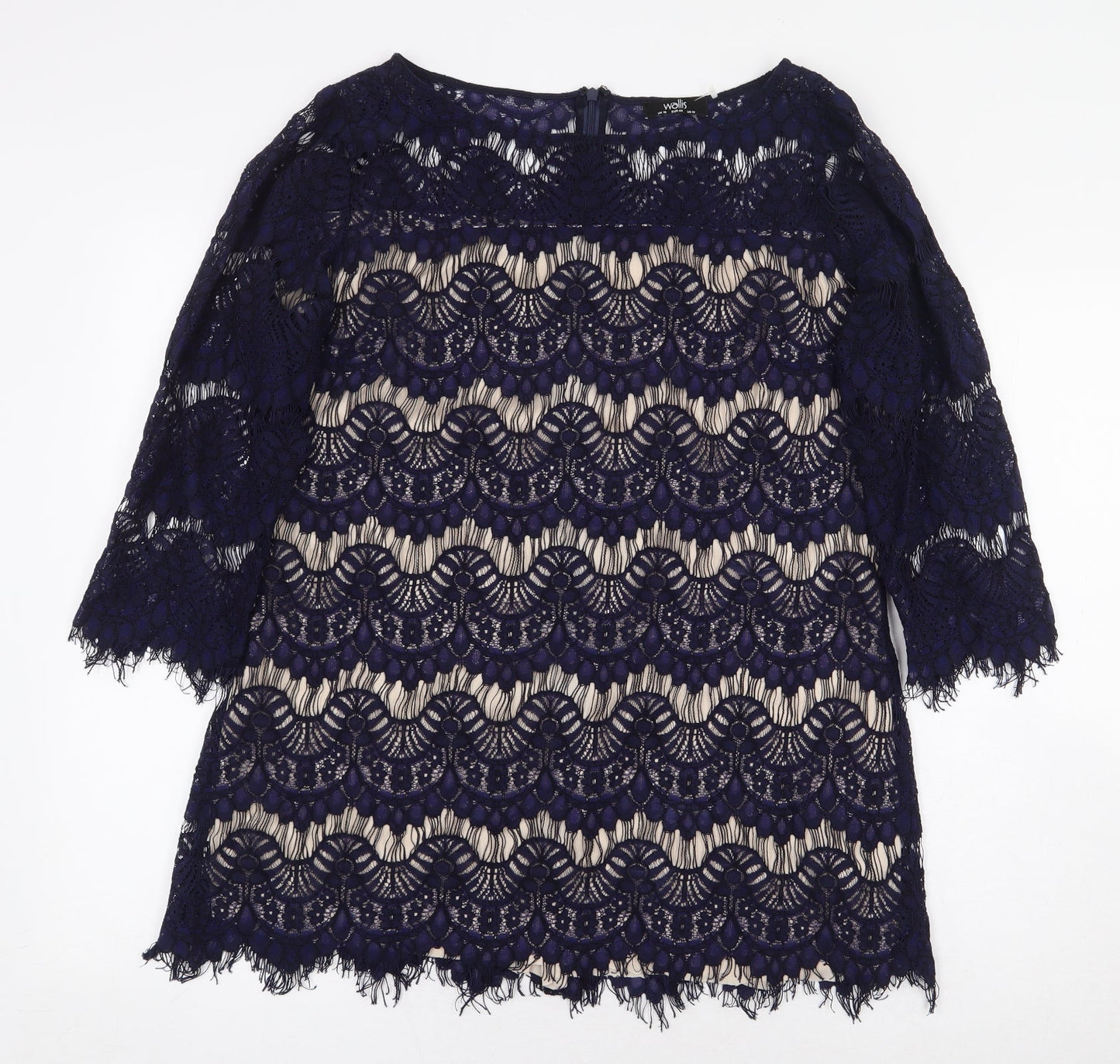 Wallis Womens Blue Geometric Cotton Basic Blouse Size 16 Boat Neck - Lace Detail