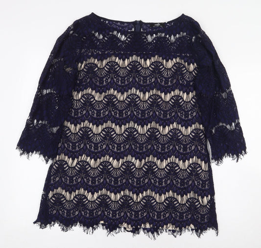 Wallis Womens Blue Geometric Cotton Basic Blouse Size 16 Boat Neck - Lace Detail