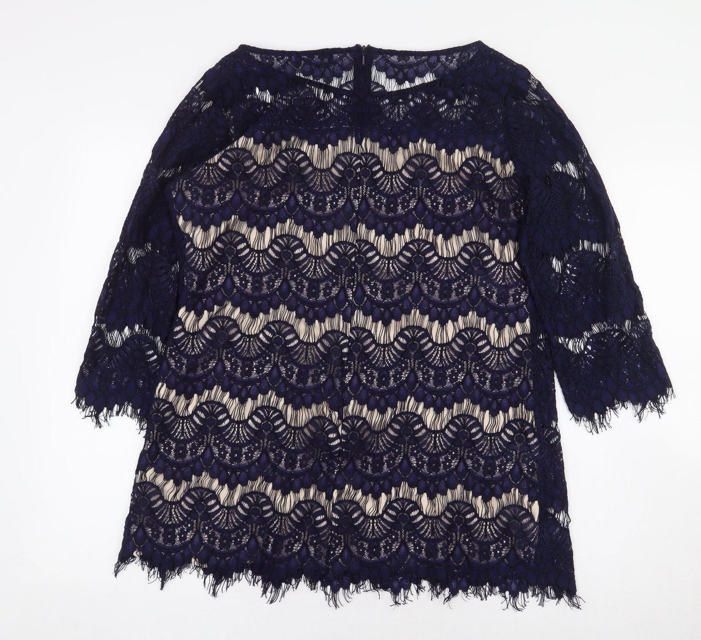 Wallis Womens Blue Geometric Cotton Basic Blouse Size 16 Boat Neck - Lace Detail