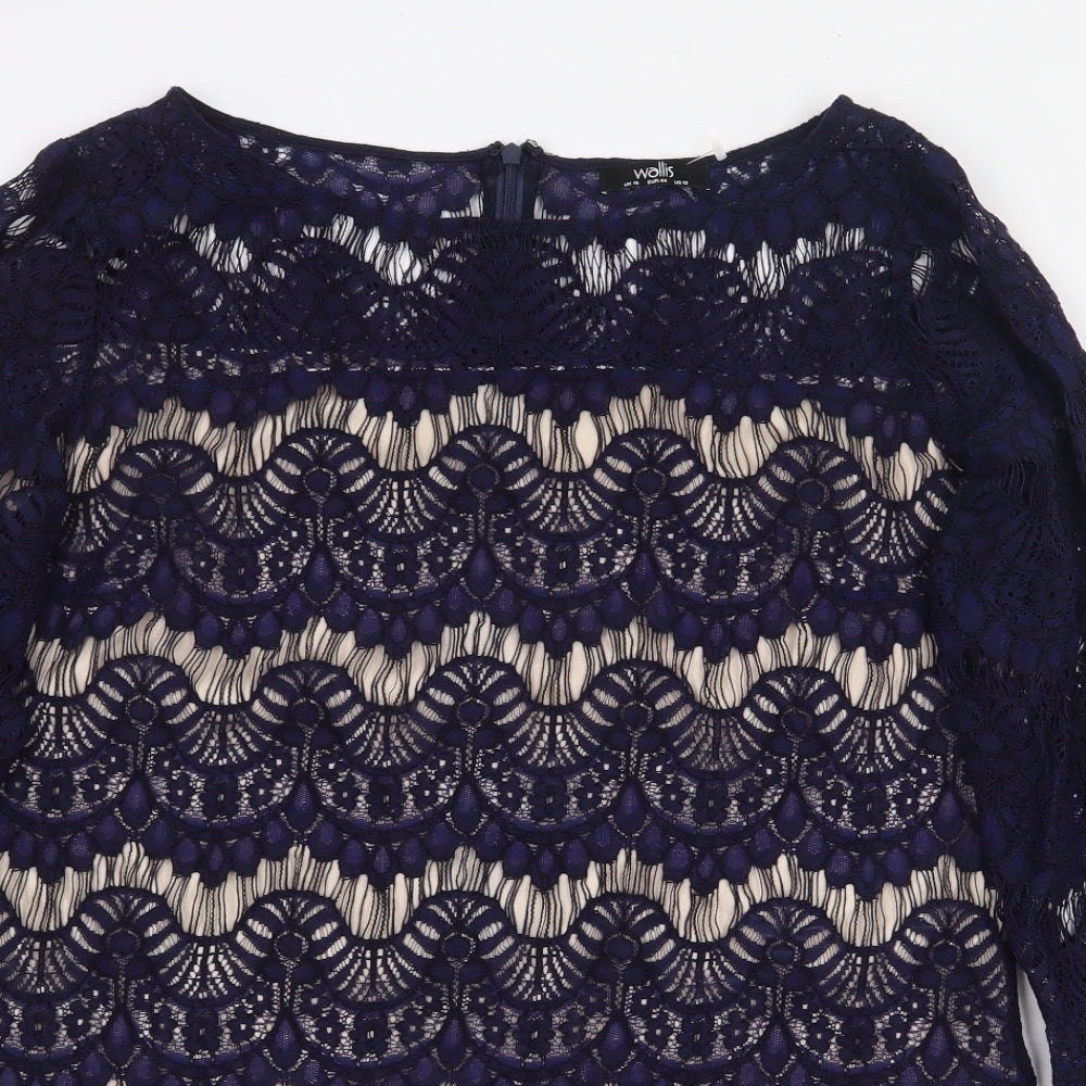 Wallis Womens Blue Geometric Cotton Basic Blouse Size 16 Boat Neck - Lace Detail