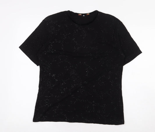 Preworn Womens Black Geometric Viscose Basic T-Shirt Size L Round Neck