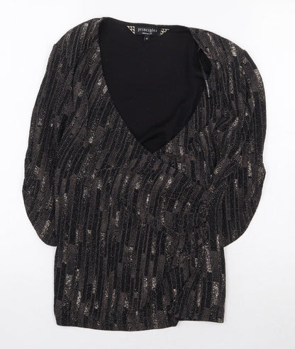 Principles Womens Brown Geometric Nylon Basic Blouse Size 10 V-Neck