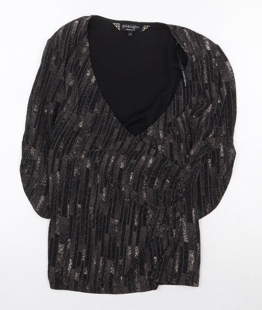Principles Womens Brown Geometric Nylon Basic Blouse Size 10 V-Neck