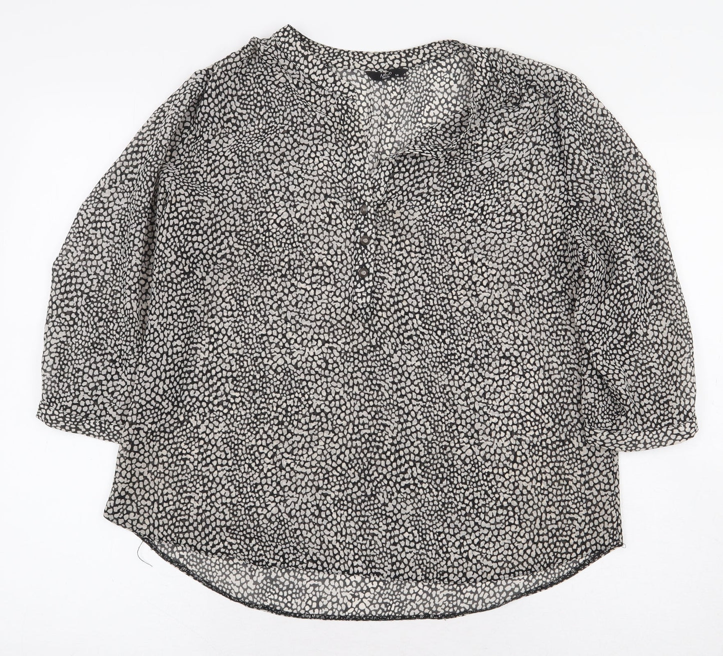 M&Co Womens Grey Animal Print Polyester Basic Blouse Size 14 V-Neck