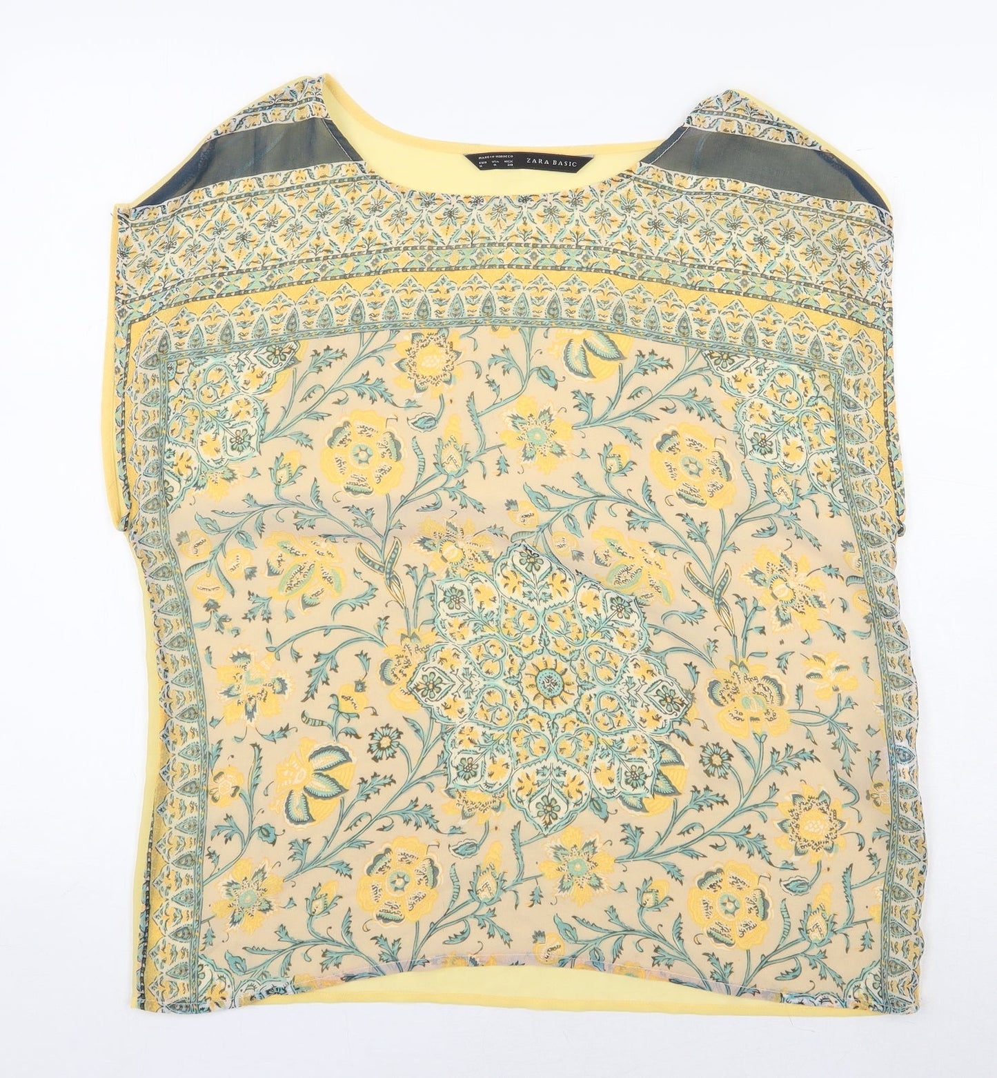 Zara Womens Yellow Geometric Polyester Basic Blouse Size M Boat Neck
