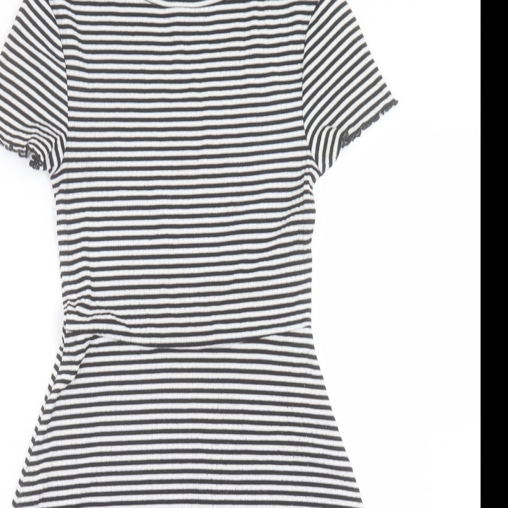 Marks and Spencer Womens White Striped Polyester A-Line Size 6 Crew Neck Pullover - Lettuce Edging
