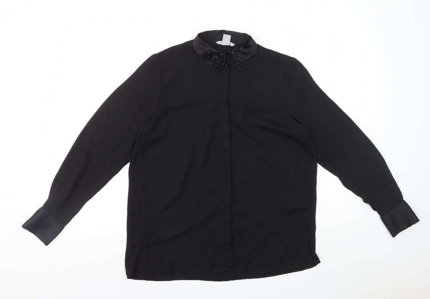 H&M Womens Black Polyester Basic Button-Up Size 8 Collared