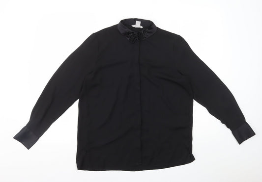 H&M Womens Black Polyester Basic Button-Up Size 8 Collared