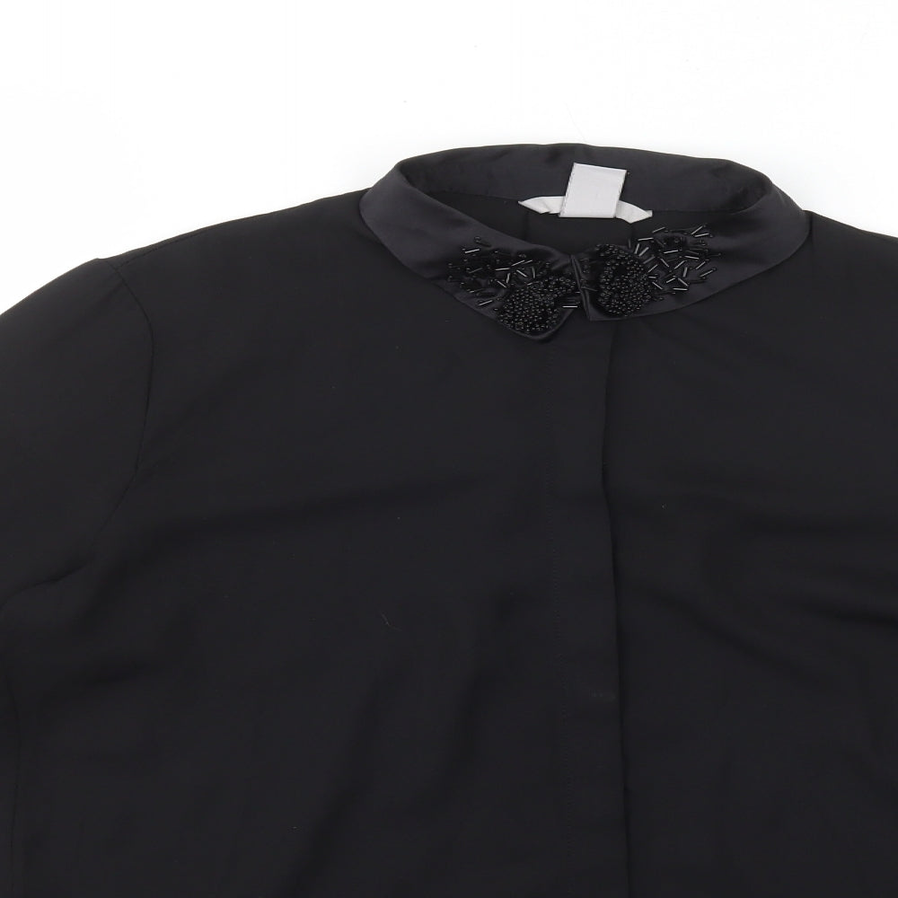 H&M Womens Black Polyester Basic Button-Up Size 8 Collared