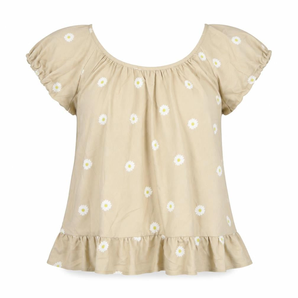 Sheilay Womens Beige Floral Polyester Basic Blouse Size L Round Neck