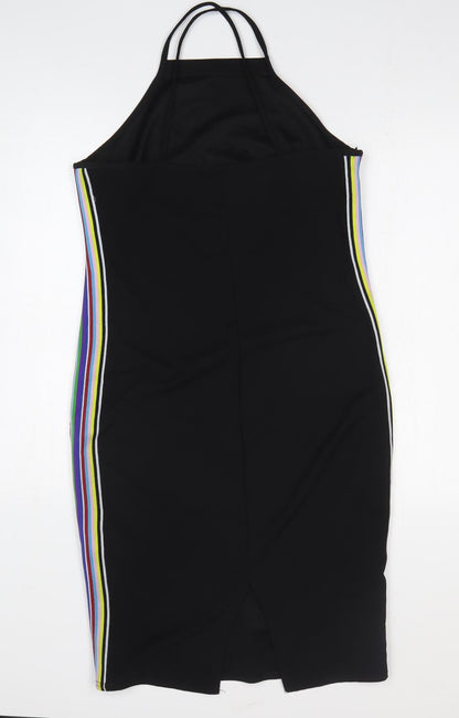 Ayanapa Womens Black Striped Polyester Bodycon Size 14 Halter Pullover