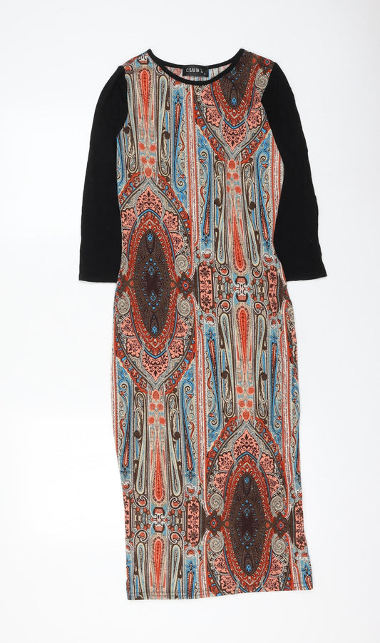 Club L Womens Multicoloured Geometric Polyester Pencil Dress Size 8 Round Neck Pullover