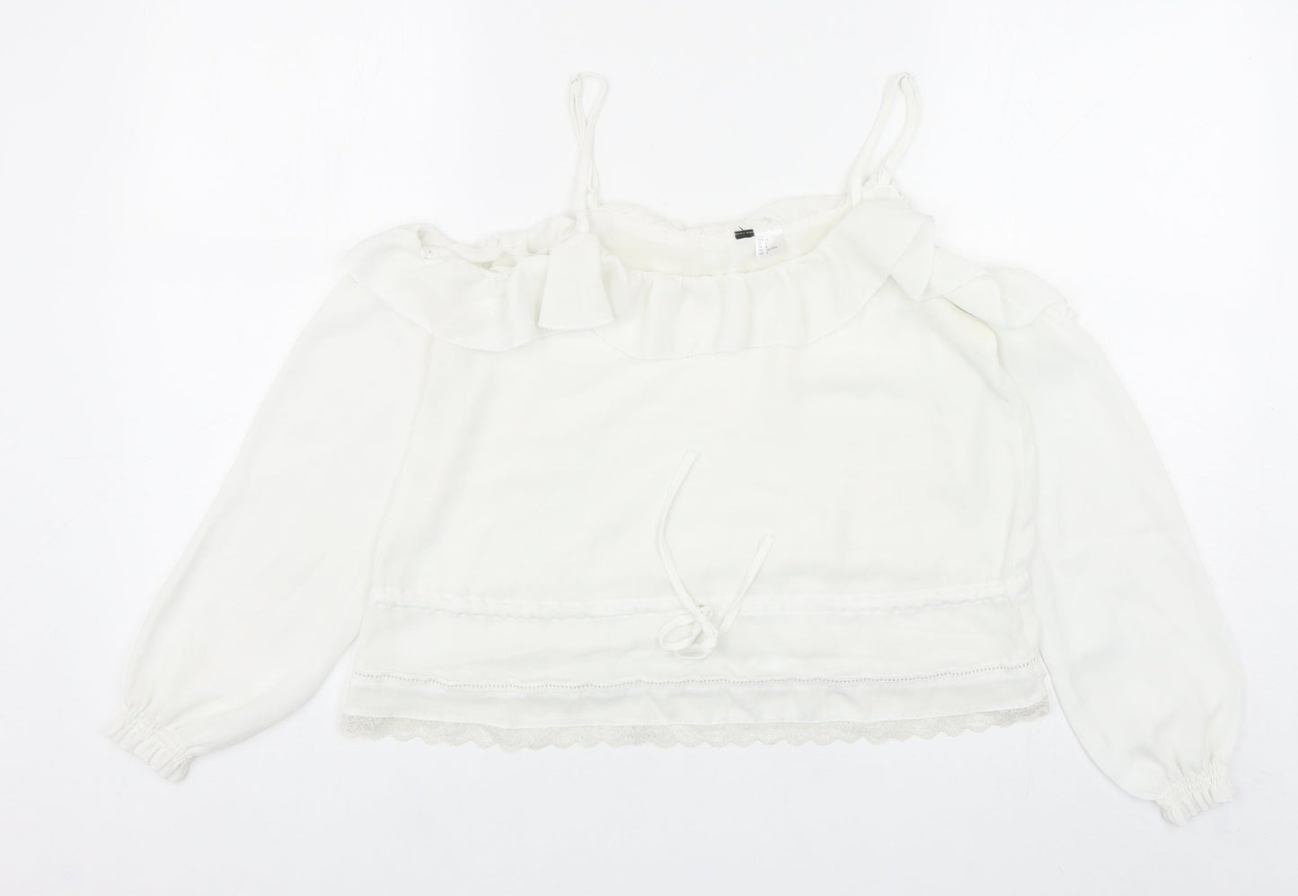 Preworn Womens White Polyester Basic Blouse Size 6 Square Neck - Lace Trim