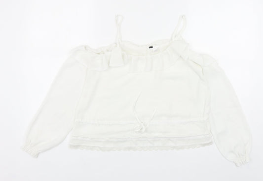 Preworn Womens White Polyester Basic Blouse Size 6 Square Neck - Lace Trim