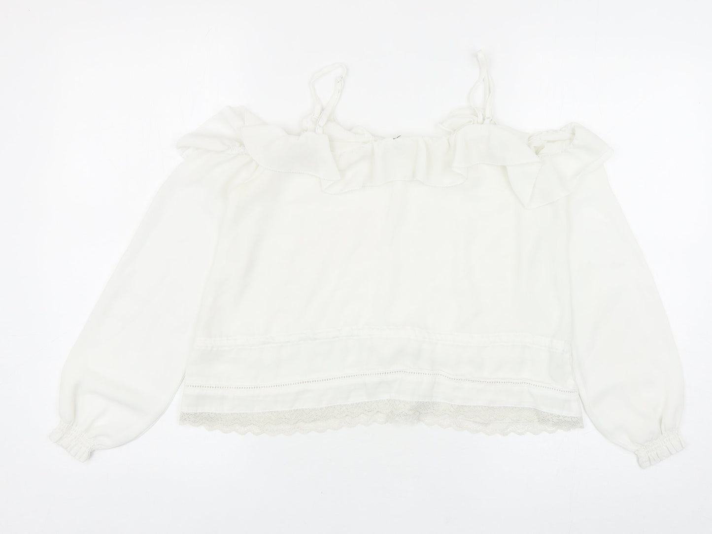 Preworn Womens White Polyester Basic Blouse Size 6 Square Neck - Lace Trim