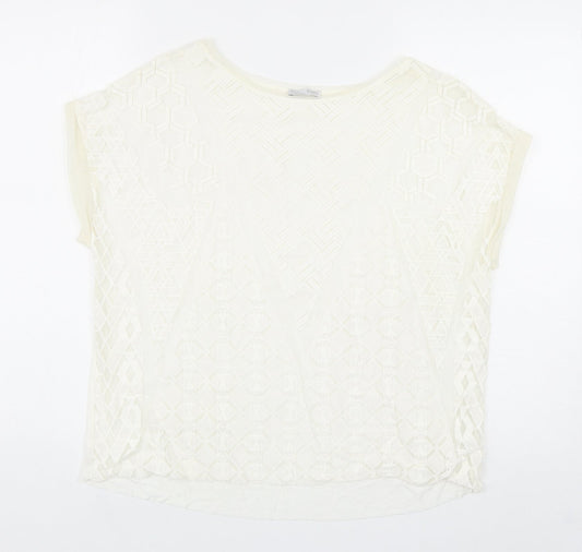 Zara Womens Ivory Geometric Polyester Basic Blouse Size S Boat Neck
