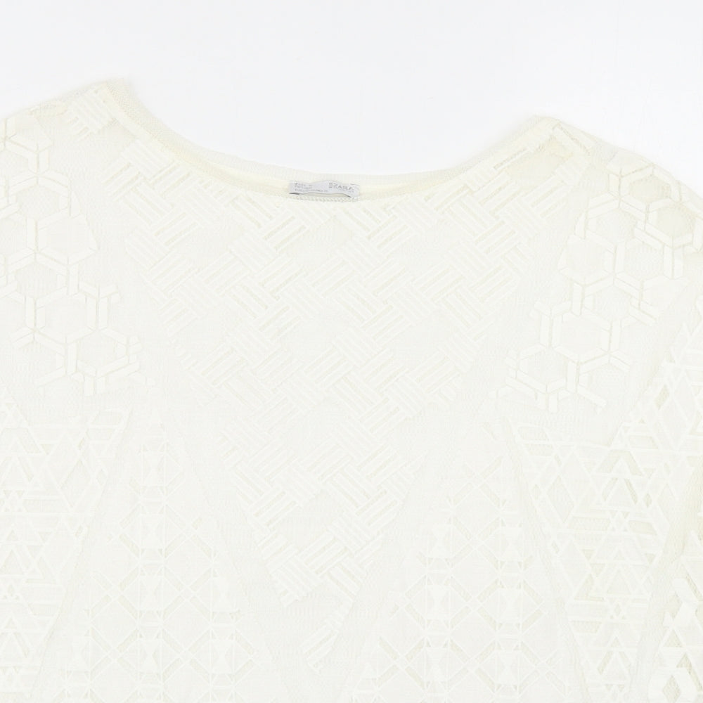 Zara Womens Ivory Geometric Polyester Basic Blouse Size S Boat Neck