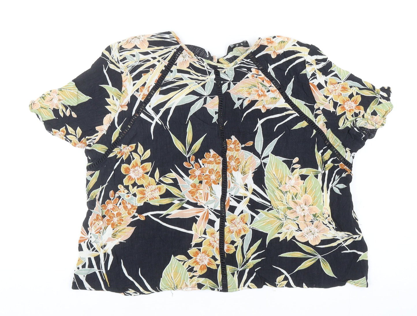 New Look Womens Black Floral Viscose Cropped Blouse Size 12 Round Neck - Tie Detail