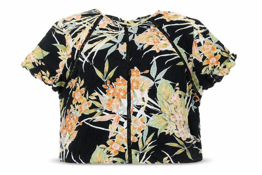 New Look Womens Black Floral Viscose Cropped Blouse Size 12 Round Neck - Tie Detail