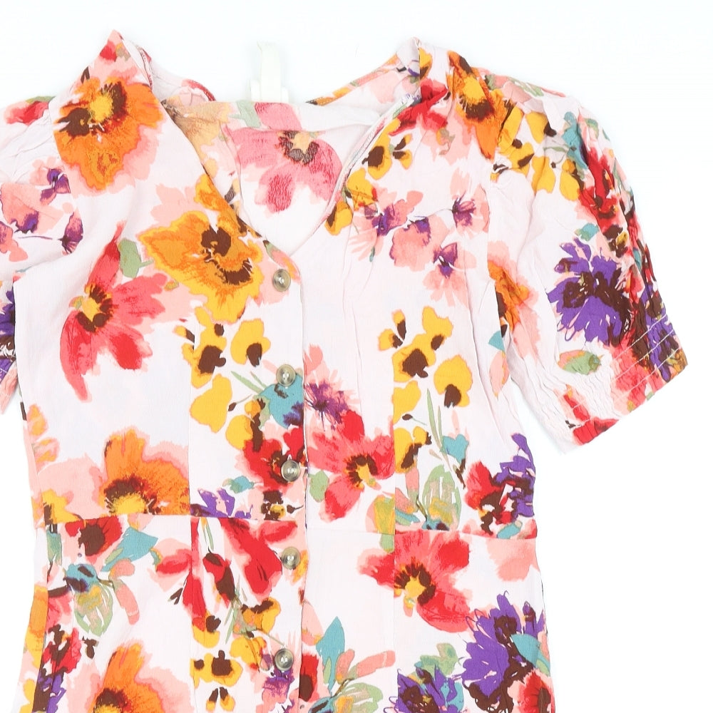 H&M Womens Multicoloured Floral Viscose Mini Size 14 V-Neck Button