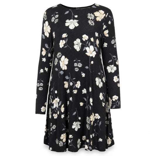 Old Navy Womens Black Floral Viscose Skater Dress Size L Round Neck Pullover