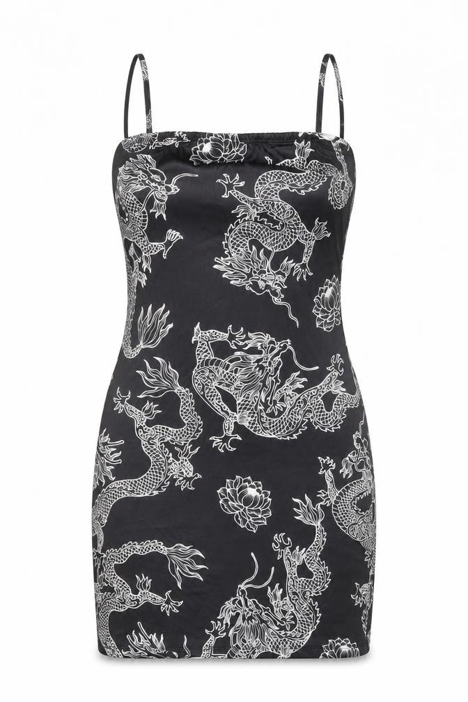 SheIn Womens Black Geometric Polyester Bodycon Size S Square Neck Pullover - Dragon Print