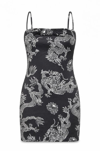 SHEIN Womens Black Geometric Polyester Bodycon Size S Square Neck Pullover - Dragon Print