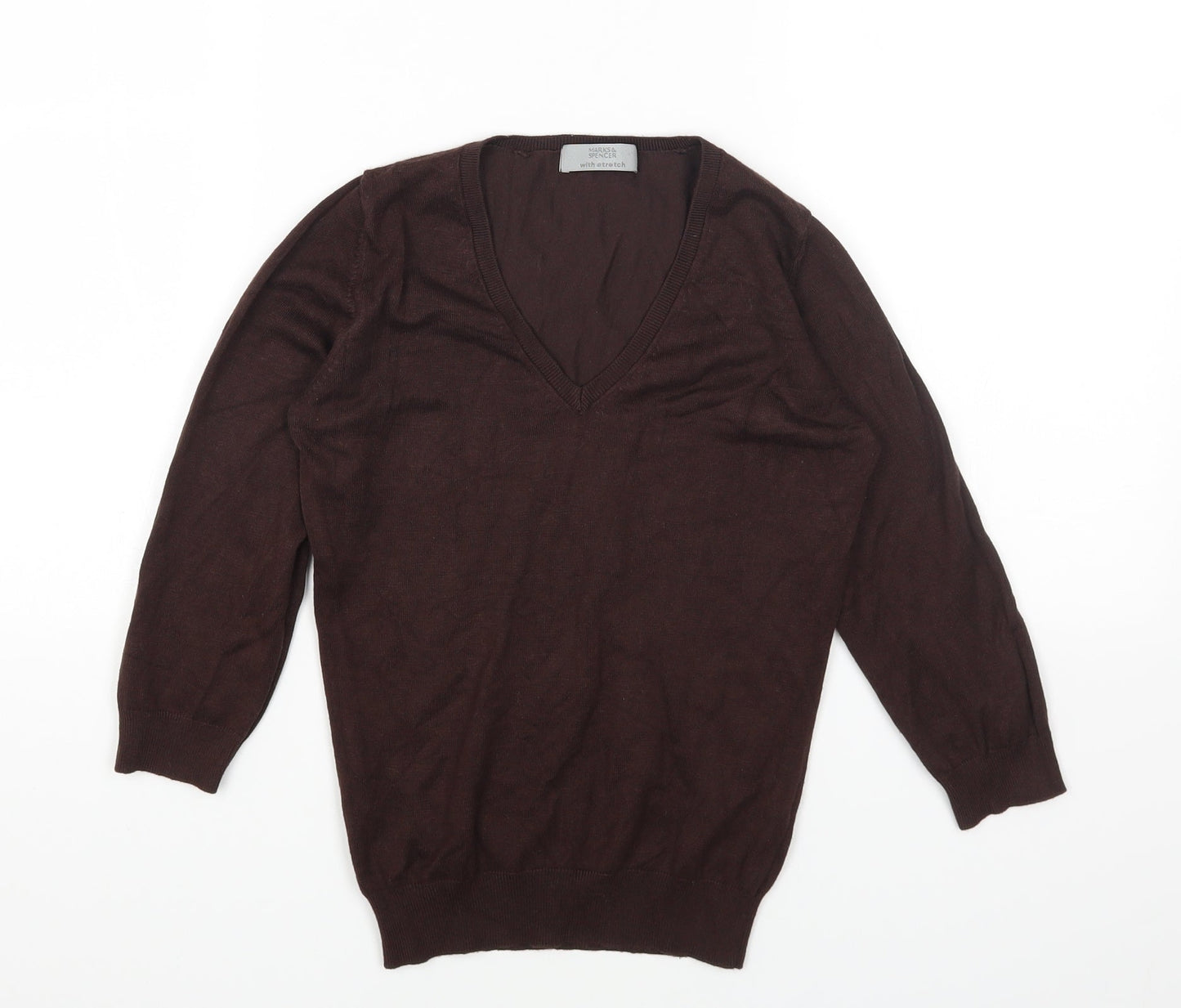 Marks and Spencer Womens Brown V-Neck Viscose Pullover Jumper Size 8