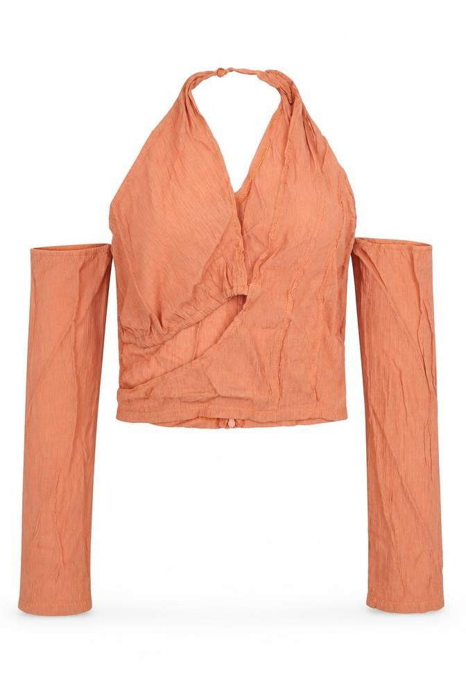 PRETTYLITTLETHING Womens Orange Viscose Cropped Blouse Size 8 V-Neck - Cold Shoulder