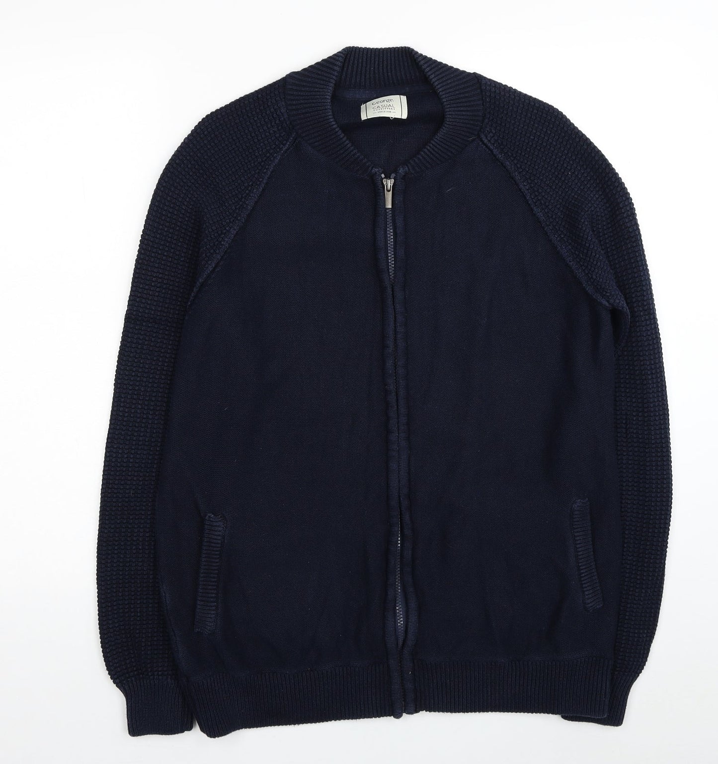 George Mens Blue Round Neck Cotton Full Zip Jumper Size M
